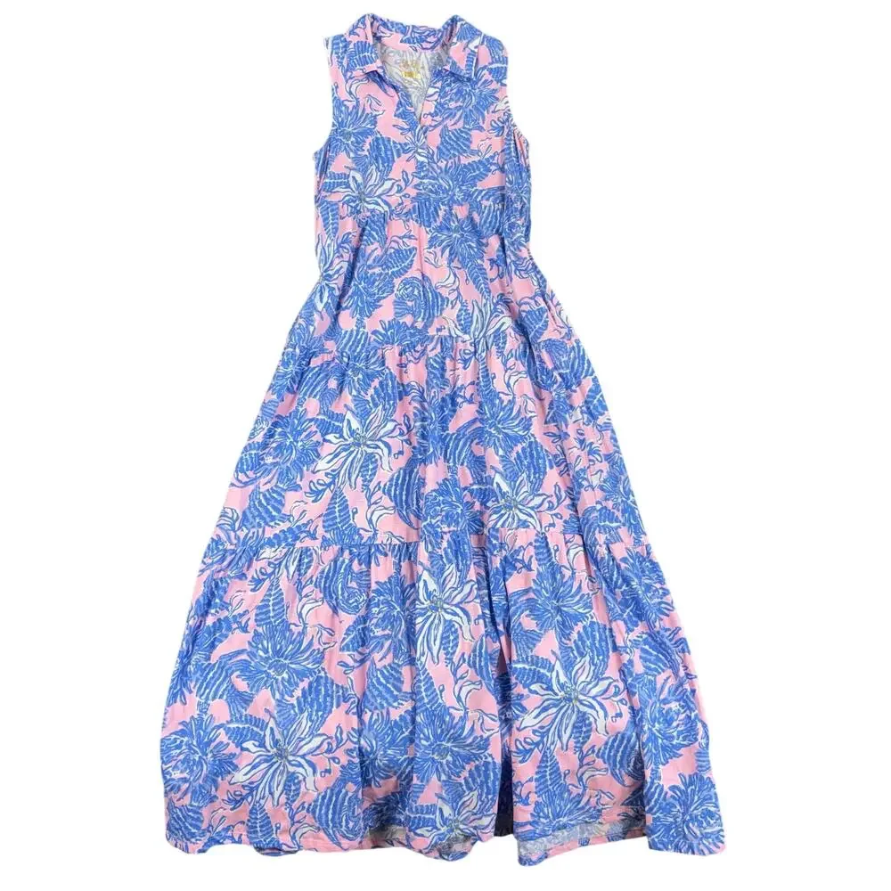 Lilly Pulitzer Girls XL 12-14 Pink Blue Floral Maxi Dress Coastal Preppy
